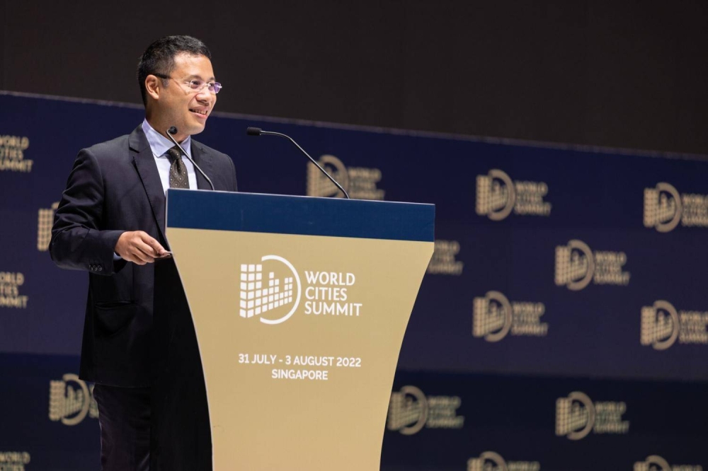 Minister for National Development Desmond Lee delivering his opening address at the World Cities Summit on Aug 1, 2022. — Ministry for National Development pic via TODAY