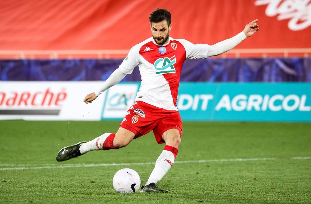Cesc Fabregas shoots and scores in a penalty shoot-out at the end of the French Cup round of 16 football match between AS Monaco and FC Metz at the Louis II Stadium in Monaco April 6, 2021. — AFP pic