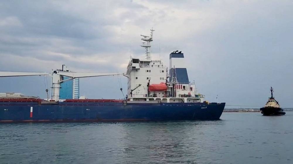 The Sierra Leone-flagged cargo ship, Razoni carrying Ukrainian grain leaves the port, in Odesa, Ukraine August 1, 2022, in this screen grab taken from a handout video. — Picture by Oleksandr Kubrakov/ Ukraine Ministry of Infrastructure/Handout via Reuters
