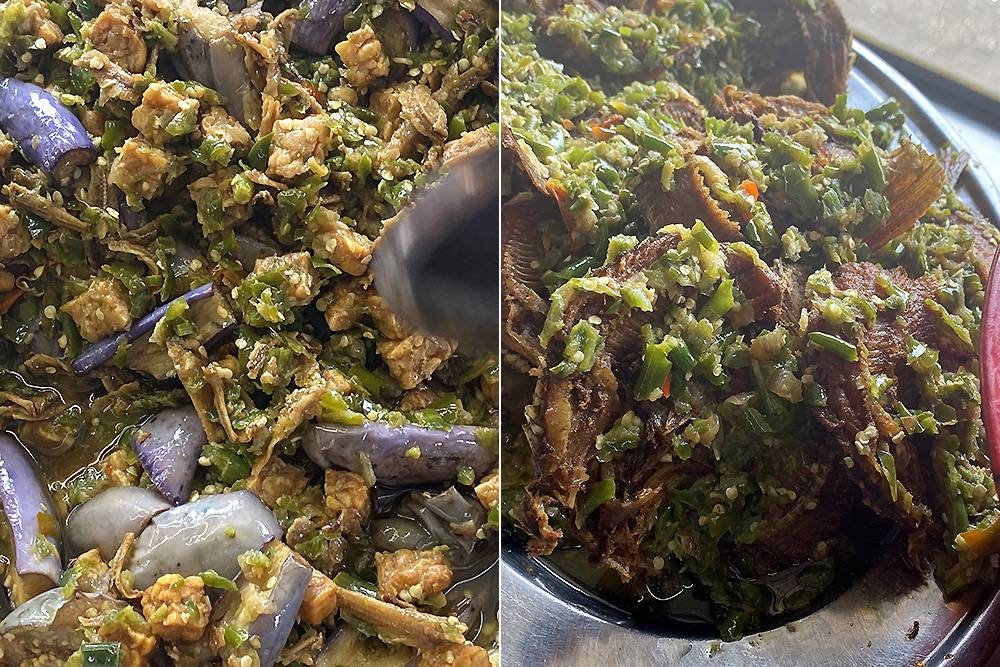The 'sambal hijau' is used to cook dishes with 'tempeh' cubes and brinjal (left). A popular item is the fried butterflied fish topped with 'sambal hijau' (right).