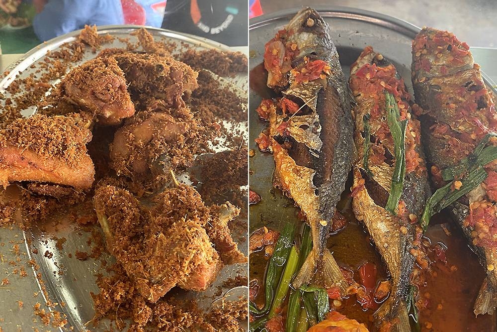 You get fried chicken here with the fragrant deep fried lemongrass shreds (left). Various types of fried and grilled fish is available at the counter with 'sambal' (right).