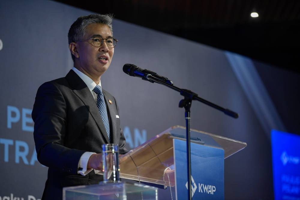 Finance Minister Datuk Seri Tengku Zafrul Abdul Aziz delivers a speech at the launch of the KWAP transformation plan in Kuala Lumpur August 3, 2022. — Bernama pic