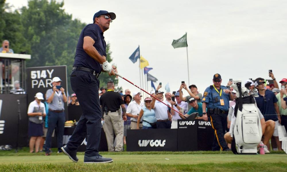 Phil Mickelson plays his shot from the first tee during the first round of a LIV Golf tournament at Trump National Golf Club Bedminster July 29, 2022. — Reuters pic 
