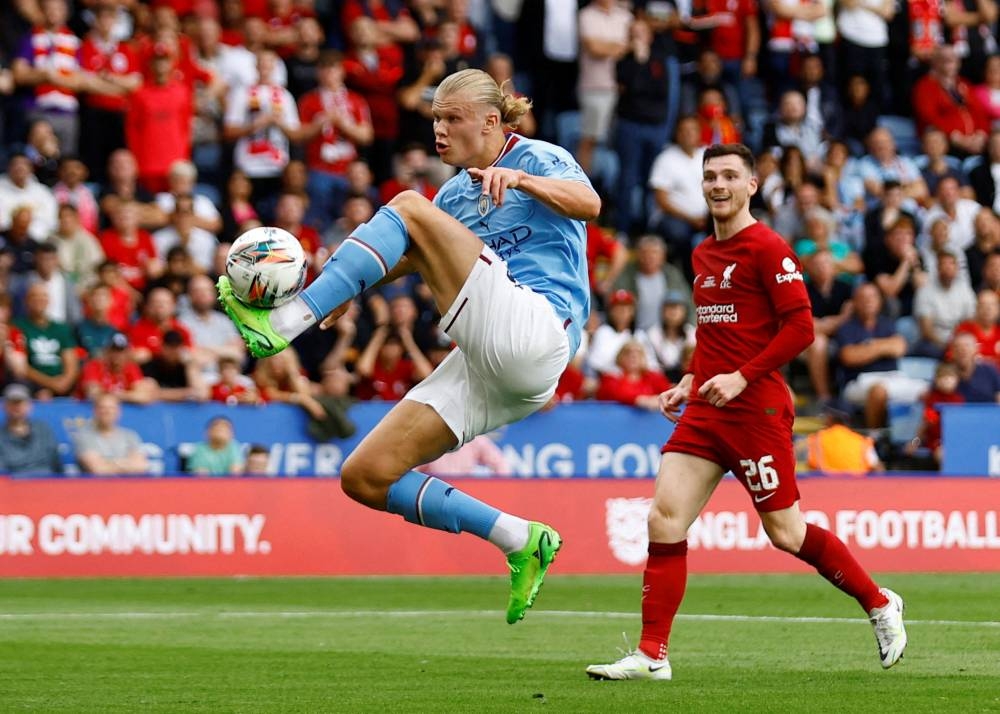 Manchester City’s Erling Braut Haaland shoots at goal in a match against Liverpool at King Power Stadium, Leicester, Britain, July 30, 2022. — Action Images via Reuters pic 