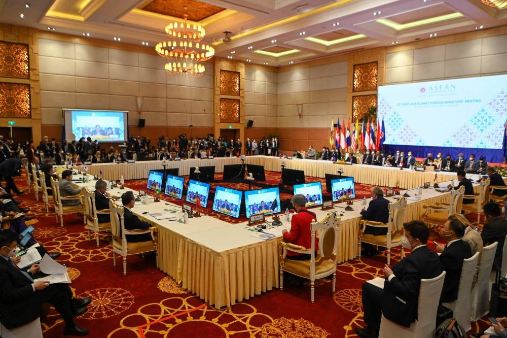 A general view shows diplomats taking part in the East Asia Summit Foreign Ministers meeting during the 55th Asean Foreign Ministers' Meeting in Phnom Penh August 5, 2022. — AFP pic