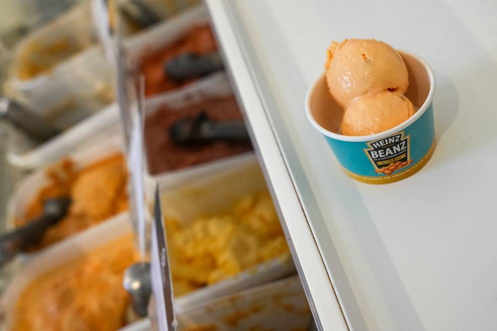 Baked beans-flavoured ice cream is available for purchase in a concept store by Anya Hindmarch at The Village, in London August 4, 2022. — Reuters pic
