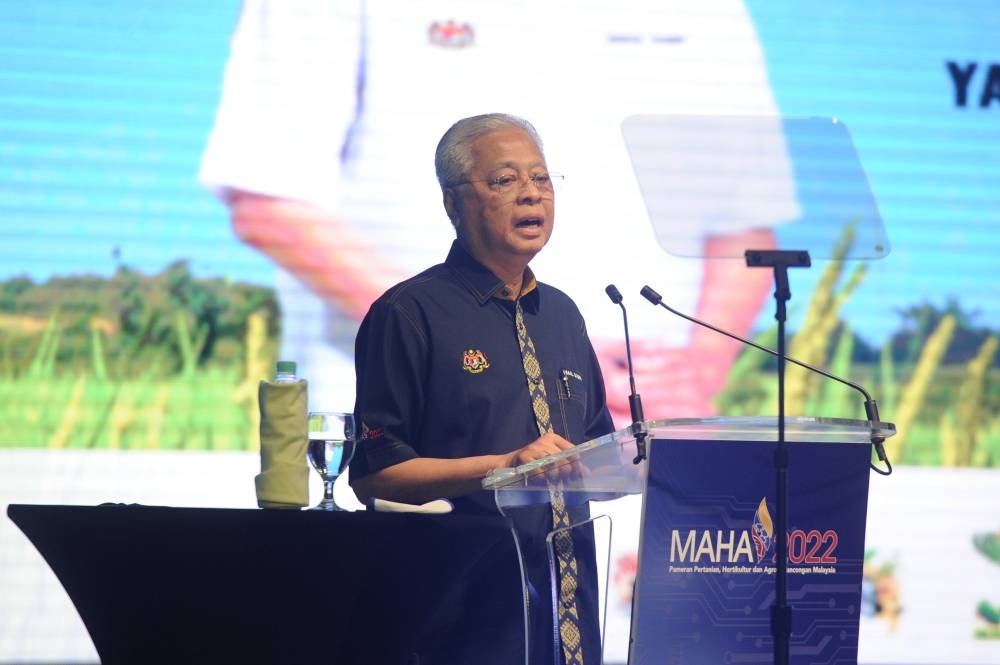 Prime Minister Datuk Seri Ismail Sabri speaks during the launch of Malaysia Agriculture, Horticulture, and Agrotourism (Maha) 2022 expo in Serdang August 6, 2022. ― Picture by Shafwan Zaidon
