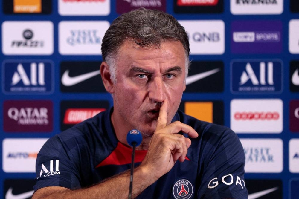 Paris Saint-Germain's (PSG) French head coach Christophe Galtier gestures during a press conference at the Camp des Loges, the club’s training ground in Saint-Germain-en-Laye, on the outskirts of Paris on August 4, 2022. — AFP pic