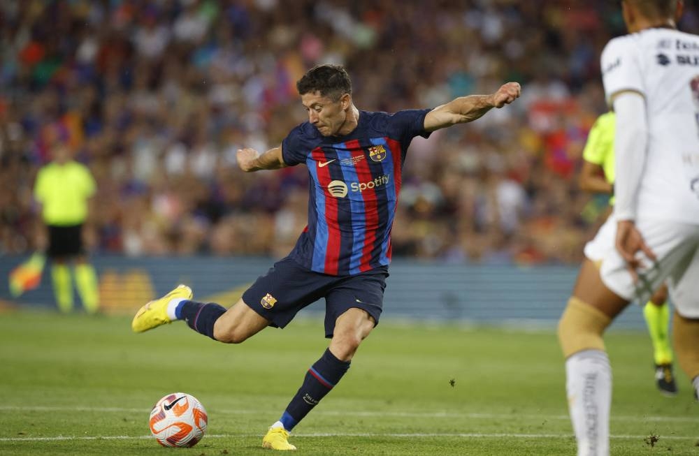 FC Barcelona's Robert Lewandowski in action against Pumas, August 7, 2022. — Reuters pic