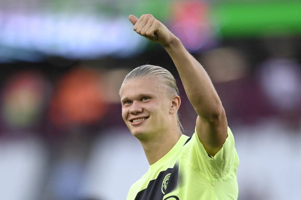Manchester City's Erling Braut Haaland celebrates after the match, August 7, 2022. — Reuters pic