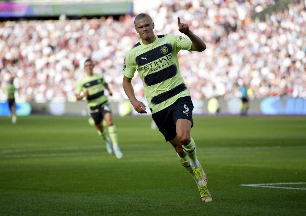 Manchester City's Erling Braut Haaland celebrates scoring their second goal against West Ham, London August 7, 2022. — Reuters pic
