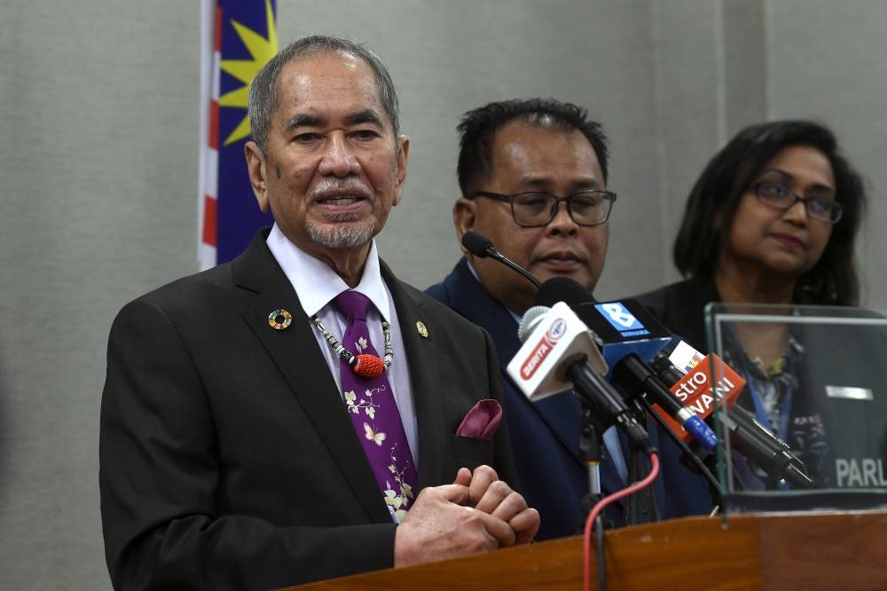 The Minister in the Prime Minister’s Department (Parliament and Law) Datuk Seri Wan Junaidi Tuanku Jaafar speaks at a press conference at Parliament building, August 9, 2022. — Bernama pic 