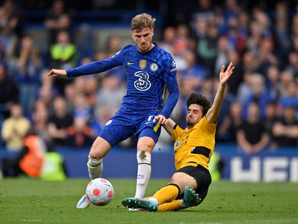 Chelsea's Timo Werner in action against Wolverhampton Wanderers' Francisco Trincao at Stamford Bridge, London May 7, 2022. — Reuters pic
