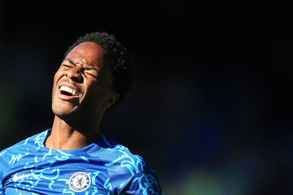 Chelsea midfielder Raheem Sterling reacts as he warms up prior to the English Premier League match between Everton and Chelsea at Goodison Park in Liverpool, north-west England, August 6, 2022. — AFP pic 