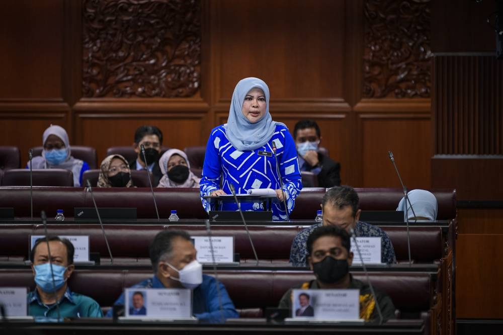 Minister of Women, Family and Community Development Datuk Seri Rina Mohd Harun at a question and answer session in Parliament, August 11, 2022. — Bernama pic 