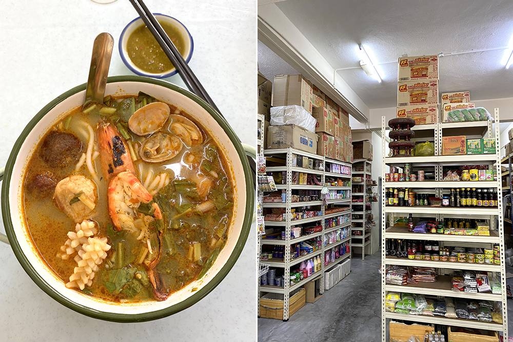 If you dine in, they serve the food on enamel trays and pots like this Ne.nenebubu signature seafood tom yum noodle that has tangy, appetising flavours (left). If you love cooking, there's various Thai ingredients to pick up at the mini mart which also supplies restaurants in the vicinity (right).