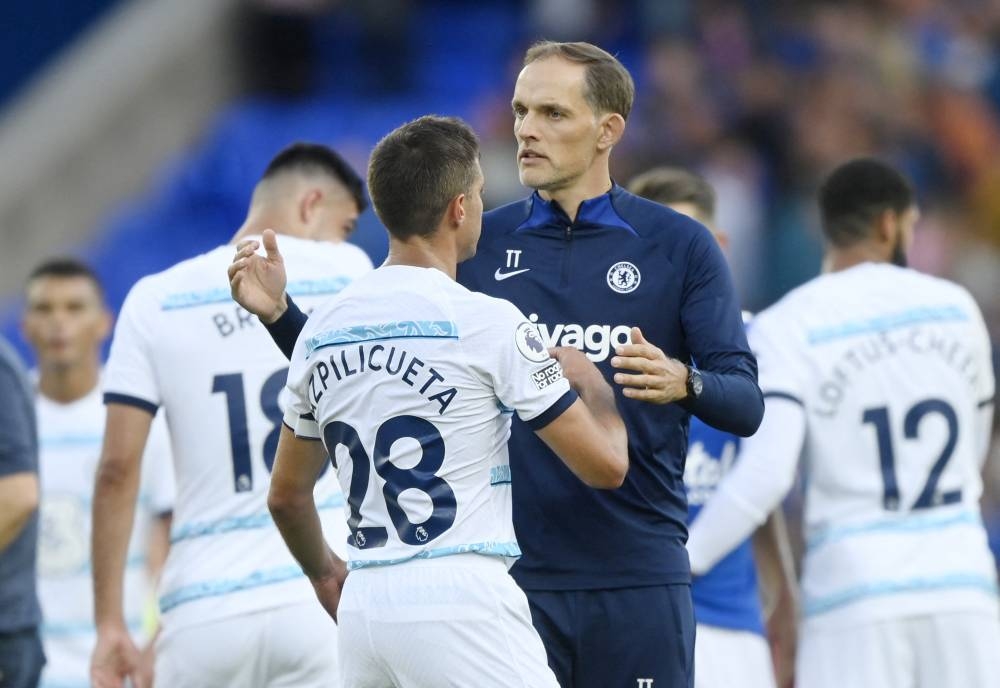 Chelsea manager Thomas Tuchel celebrates with Cesar Azpilicueta after the match against Everton at Goodison Park, Liverpool, August 6, 2022. — Reuters pic 