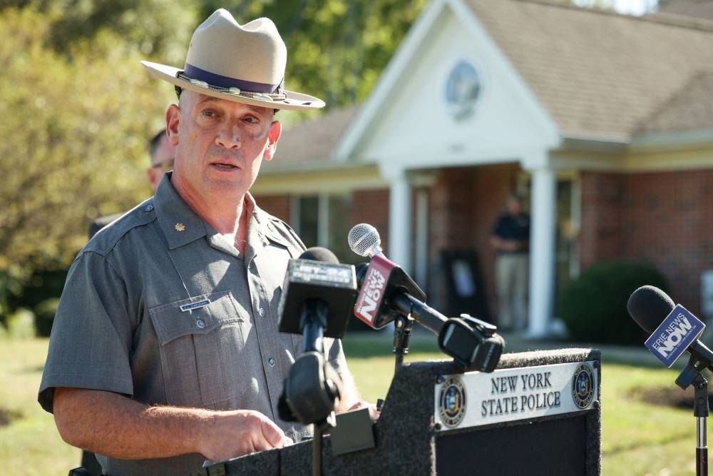 New York State Police Troop A Commander, Major Eugene Stanieszewski speaks to press regarding Salman Rushdie, the Indian-born novelist who was once ordered killed by Iran in 1989 because of his writing, and who was attacked on stage at an event in New York, US, August 12, 2022. — Reuters pic