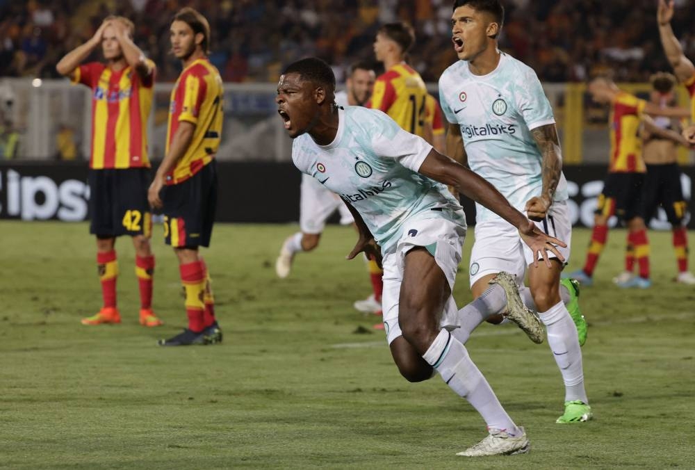 Inter Milan's Denzel Dumfries celebrates scoring their second goal against Lecce at Stadio Via del mare, Lecce August 13, 2022. — Reuters pic