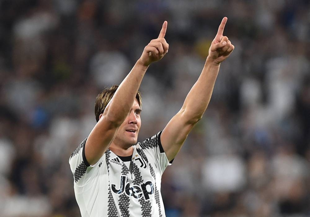 Juventus' Dusan Vlahovic celebrates scoring their third goal against Sassuolo at the Allianz Stadium, Turin August 15, 2022. — Reuters pic