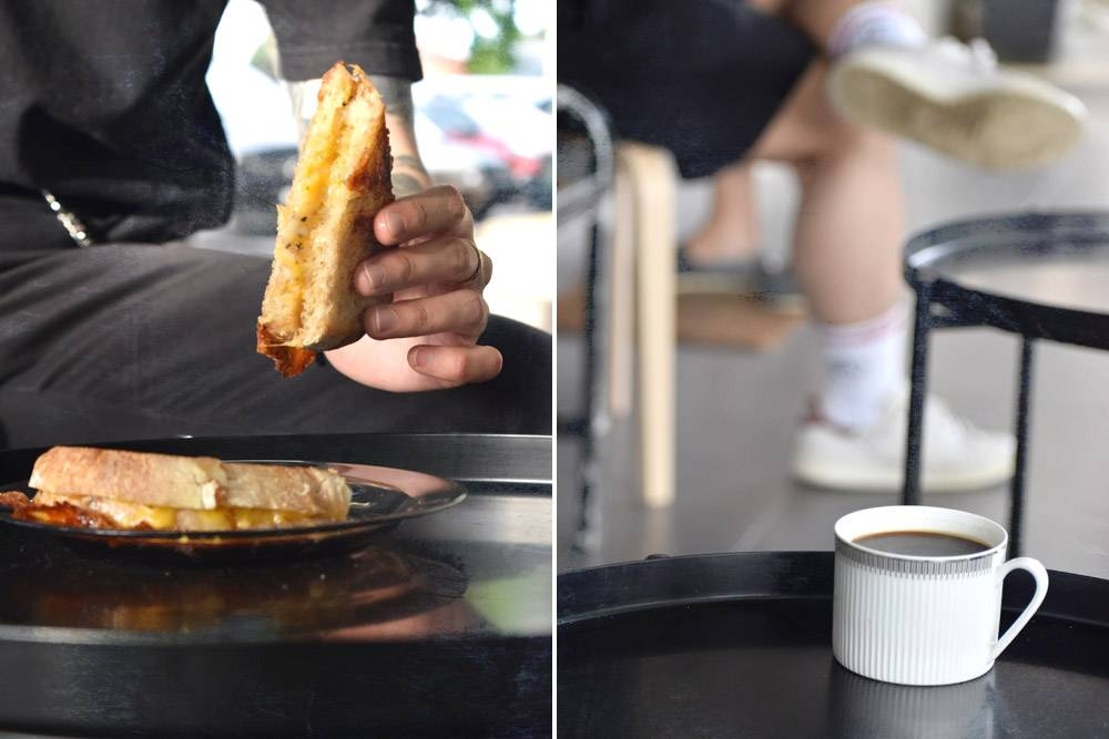 Grilled cheese sandwich (left) and a long black (right).