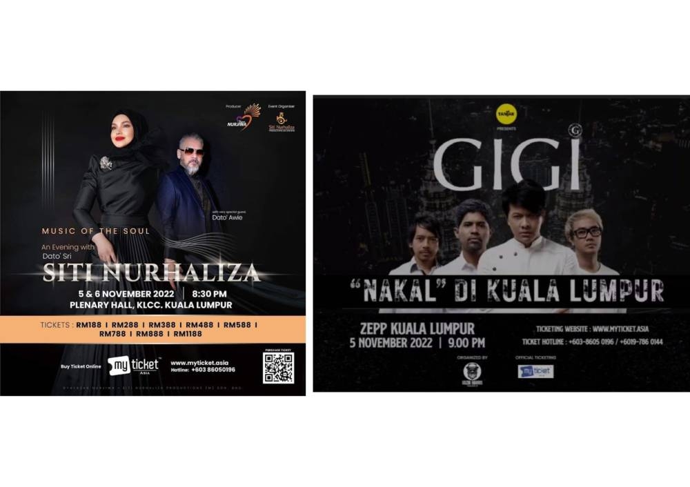 Ο Datuk Seri Siti Nurhaliza θα κάνει σερενά στην αίθουσα Plenary, KLCC στις 5 και 6 Νοεμβρίου, ενώ το ινδονησιακό ροκ συγκρότημα Gigi θα μεταβεί στο Zepp, KL στις 5 Νοεμβρίου. — Φωτογραφία μέσω myticket.asia Mytickets.com.my 