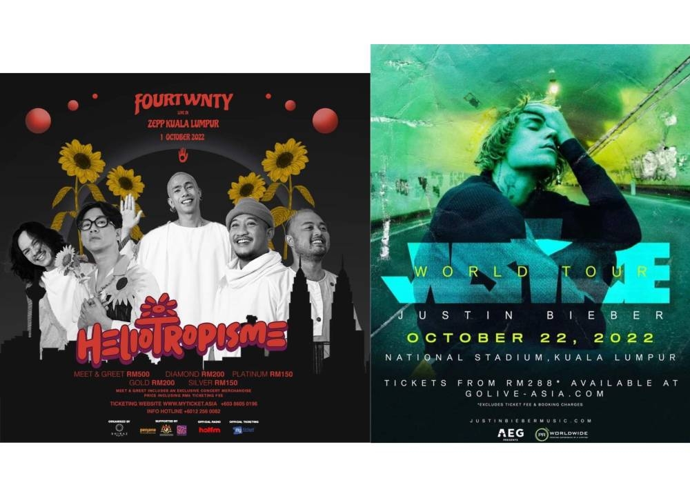 Indonesian indie folk band, Fourtwnty as well as Canadian singer Justin Bieber in action in Malaysia this October. — Picture via Instagram/ Fourtwntymusic and AEGPresentsAsia. 