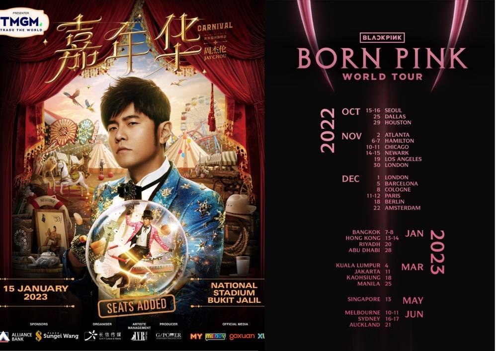 Το 2023 θα ξεκινήσει με μια συναυλία του βασιλιά της Mandopop, Jay Chou, ενώ τον Μάρτιο, το παγκοσμίως διάσημο γκρουπ κοριτσιών της K-pop Blackpink θα ταράζει τη Μαλαισία.  — Φωτογραφία μέσω Facebook και Twitter/ TicketCharge και Blackpink.