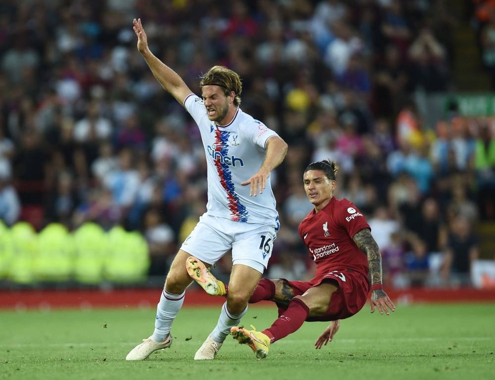 Crystal Palace’s Joachim Andersen in action with Liverpool’s Darwin Nunez at Anfield, Liverpool, Britain, August 15, 2022. — Reuters pic 