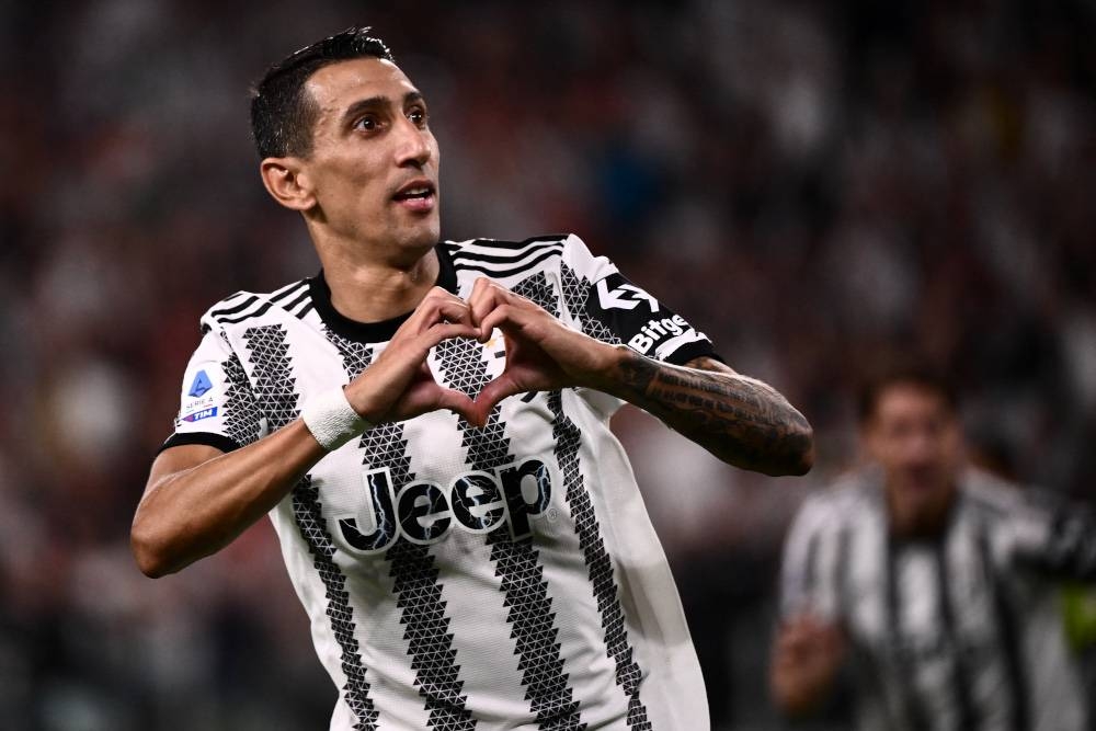 Juventus’ Argentinian forward Angel Di Maria celebrates after opening the scoring during the Italian Serie A match between Juventus and Sassuolo, August 15, 2022 at the Juventus stadium in Turin. — AFP pic 