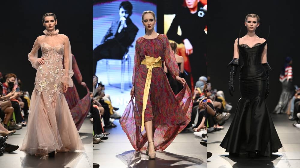 Dresses designed by Keith Kee (left), Styled by Peter Lum (centre), and Ashley Wong as part of the MODA showcase. — Pictures provided by KLFW