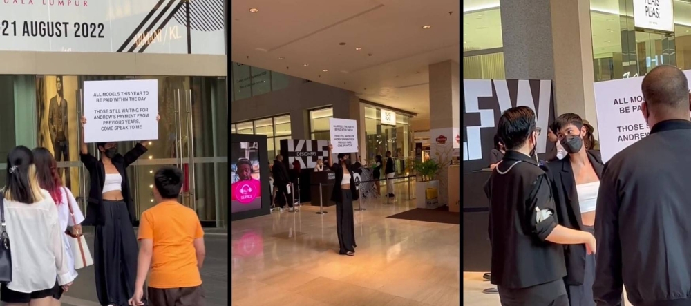 Alicia staged a single-woman protest at KLFW to highlight yet unpaid models from past runway shows. — Screenshots via TikTok/ yelamango
