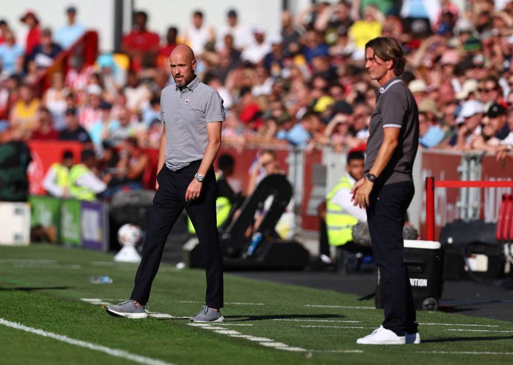 Manchester United manager Erik ten Hag and Brentford manager Thomas Frank at Brentford Community Stadium, London, Britain, August 13, 2022. — Reuters pic 