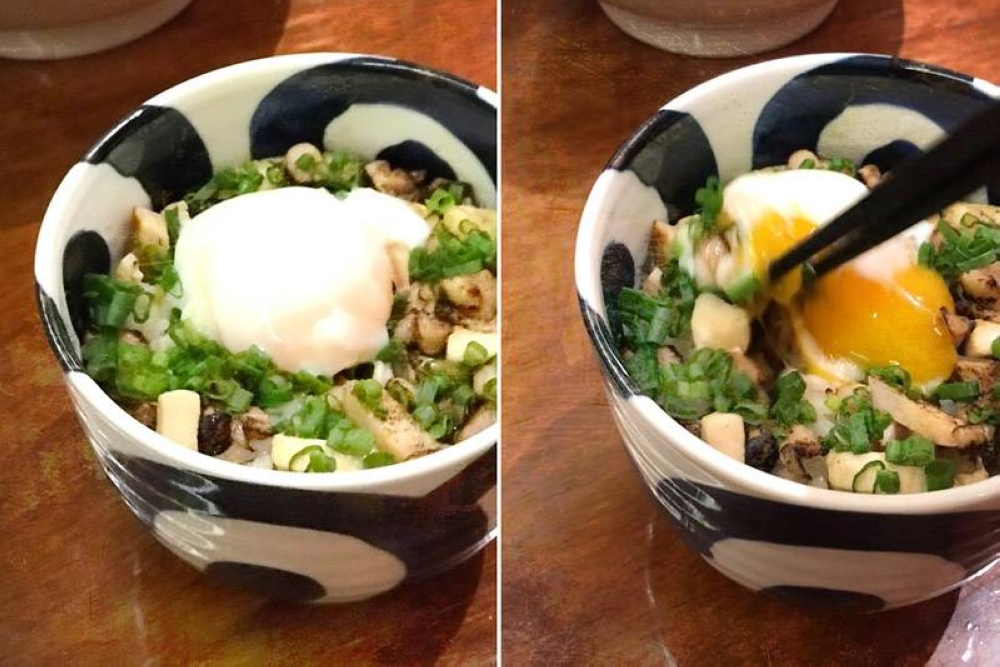 Break the 'onsen' egg atop the Tori Chashu Don and mix the golden yolk with the rice.