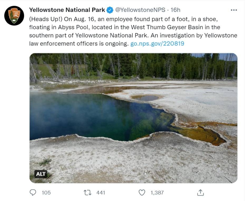 Human foot found in Yellowstone hot spring Malay Mail