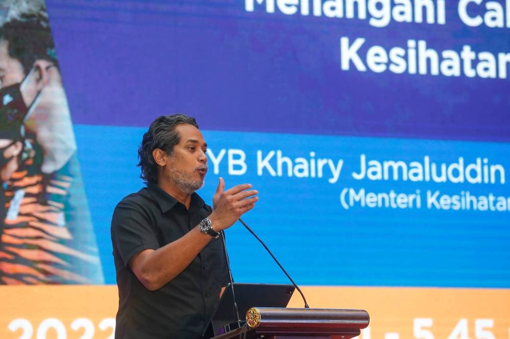 Health Minister Khairy Jamaluddin delivers his speech during the Keluarga Malaysia Symposium at the Putrajaya International Convention Centre August 21, 2022. — Picture by Sayuti Zainudin