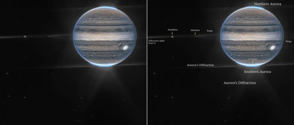  These image obtained from NASA and taken by the James Webb Space Telescope, shows Jupiter in a wide-field view, showing the planet with its faint rings, which are a million times fainter than the planet, and two tiny moons called Amalthea  and Adrastea. — AFP/Nasa, ESA, CSA, Jupiter ERS Team pic; image processing by Judy Schmidt