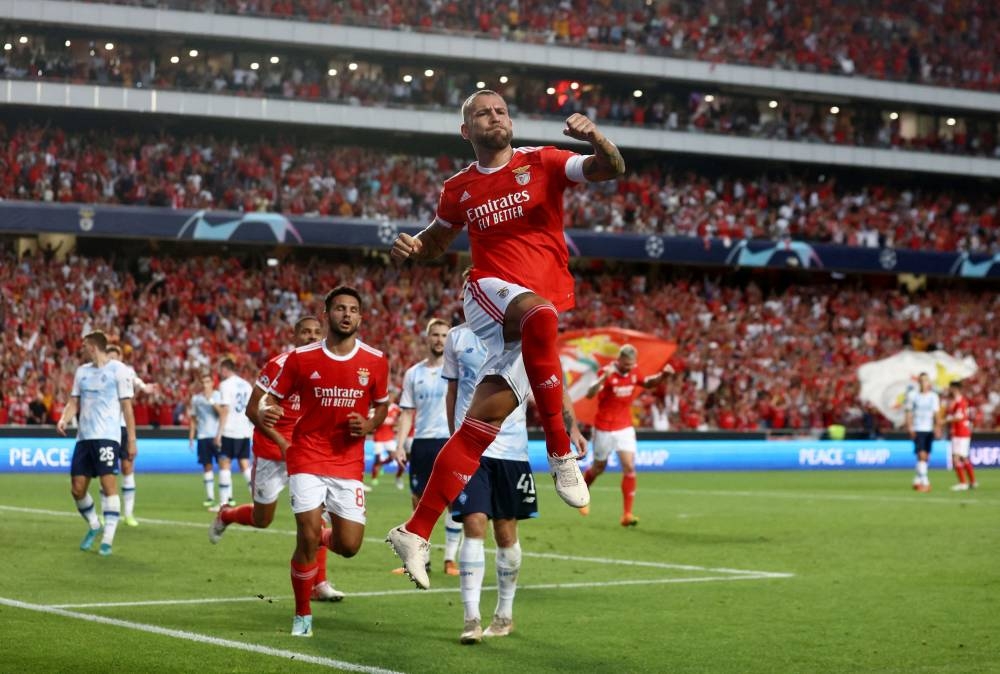 Benfica's Nicolas Otamendi celebrates scoring their first goal against Dynamo Kyiv at Estadio da Luz, Lisbon August 23, 2022. — Reuters pic 