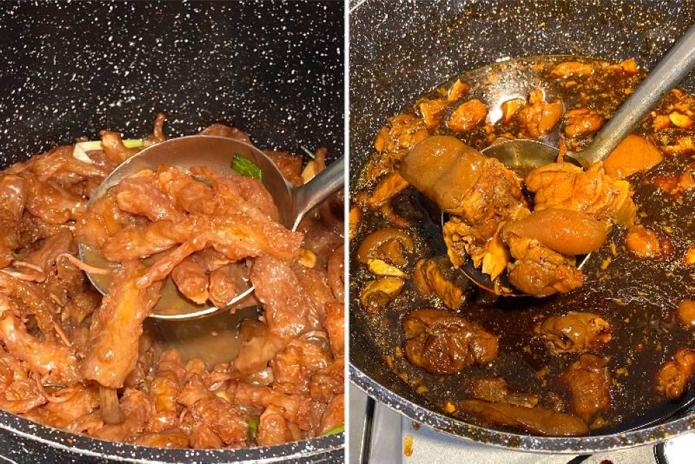 There are some restaurant style dishes like this braised tendons (left). Their vinegar pork trotters is a popular item for the tangy, appetising flavours (right)