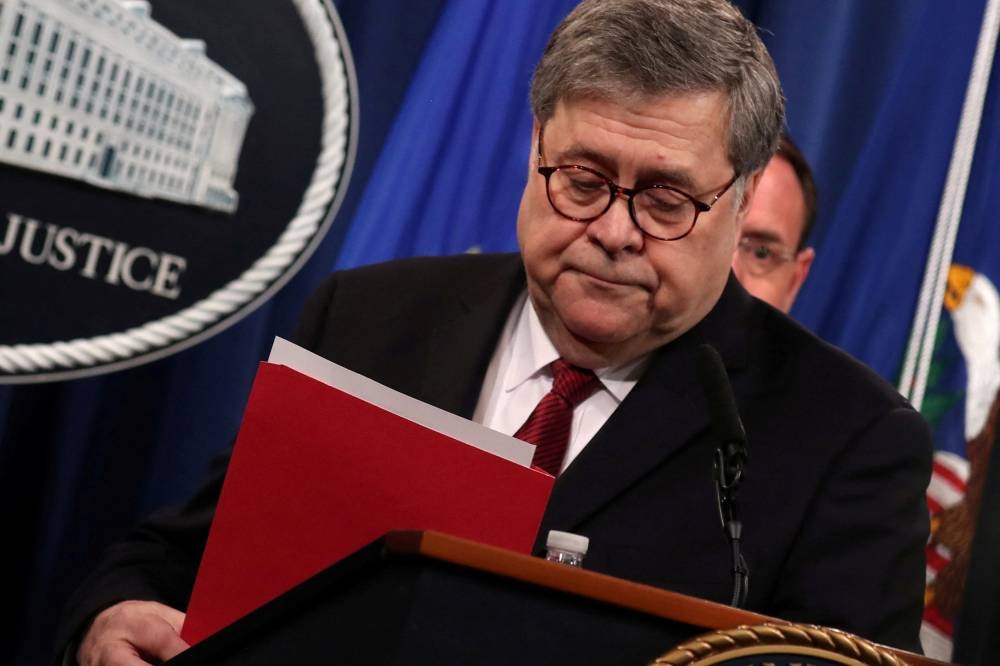 US Attorney General William Barr departs after speaking at a news conference to discuss Special Counsel Robert Mueller's report on Russian interference in the 2016 US presidential race, in Washington April 18, 2019. — Reuters file pic