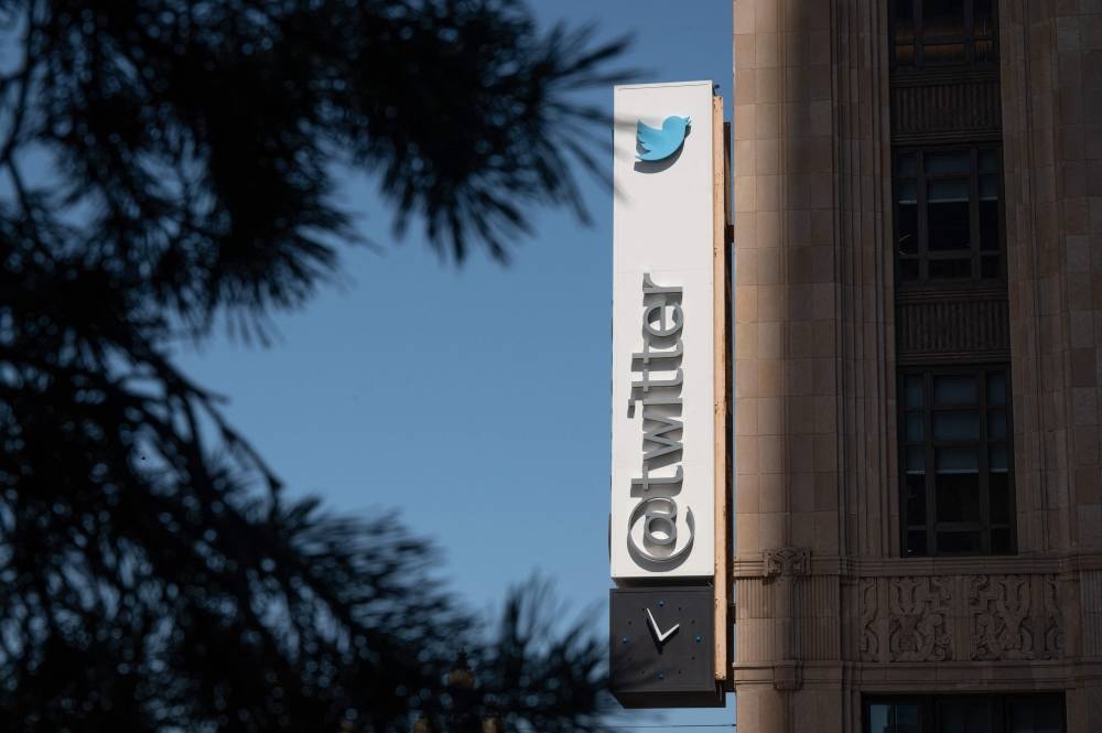 The Twitter logo is seen outside their headquarters in downtown San Francisco, California  April 26, 2022. — AFPpic