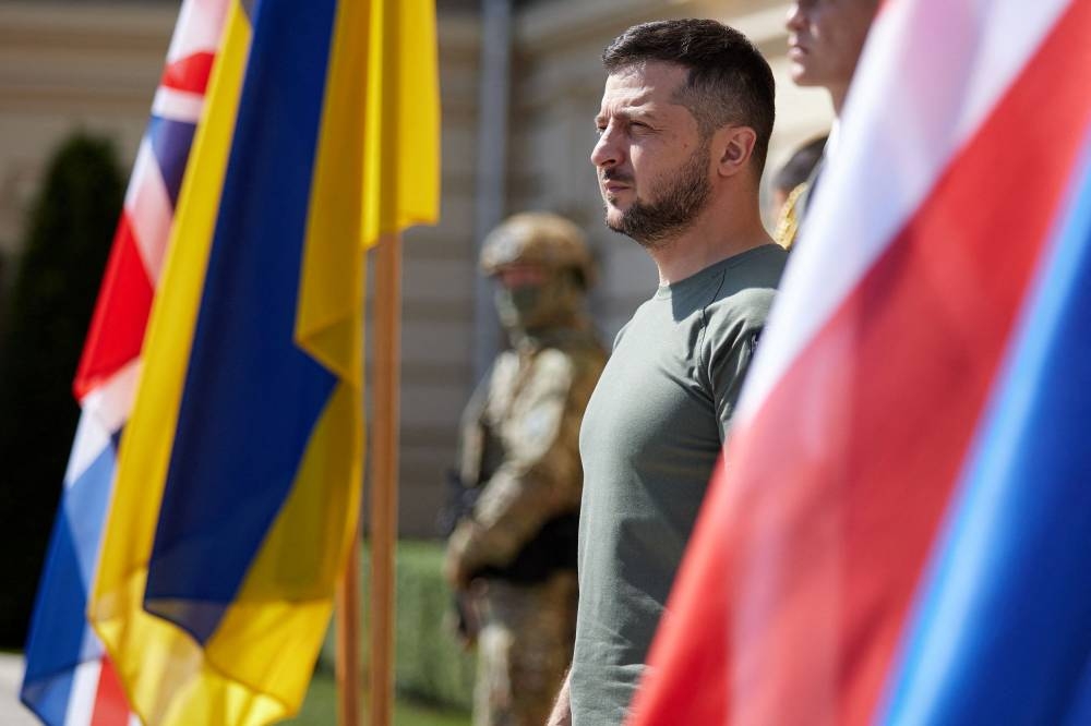 Ukraine's President Volodymyr Zelenskiy waits for British Prime Minister Boris Johnson, as Russia's attack on Ukraine continues, in Kyiv, Ukraine August 24, 2022. — Ukrainian Presidential Press Service/Handout via Reuters 