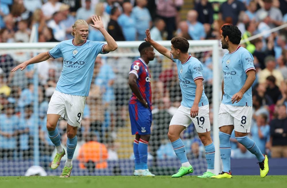 Manchester City's Norwegian striker Erling Haaland celebrates scoring his team's third goal during the English Premier League football match between Manchester City and Crystal Palace at the Etihad Stadium in Manchester, on August 27, 2022. — AFP pic