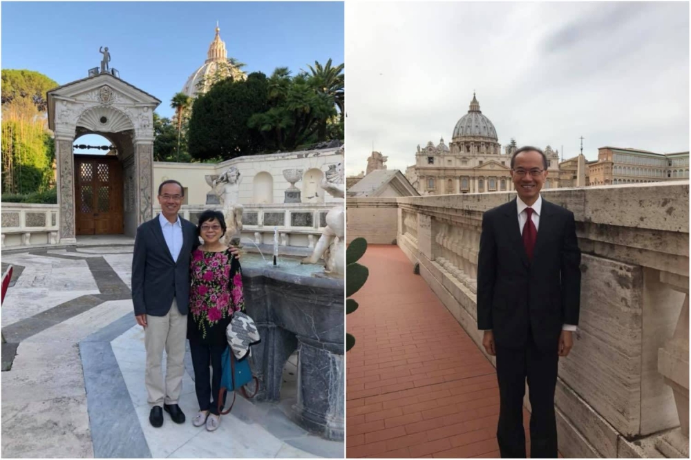 Former foreign affairs minister George Yeo during a visit to Rome, Italy and the Vatican City in 2017 (right) and in 2018 with his wife Jennifer (left). — Picture via Facebook/ George Yeo