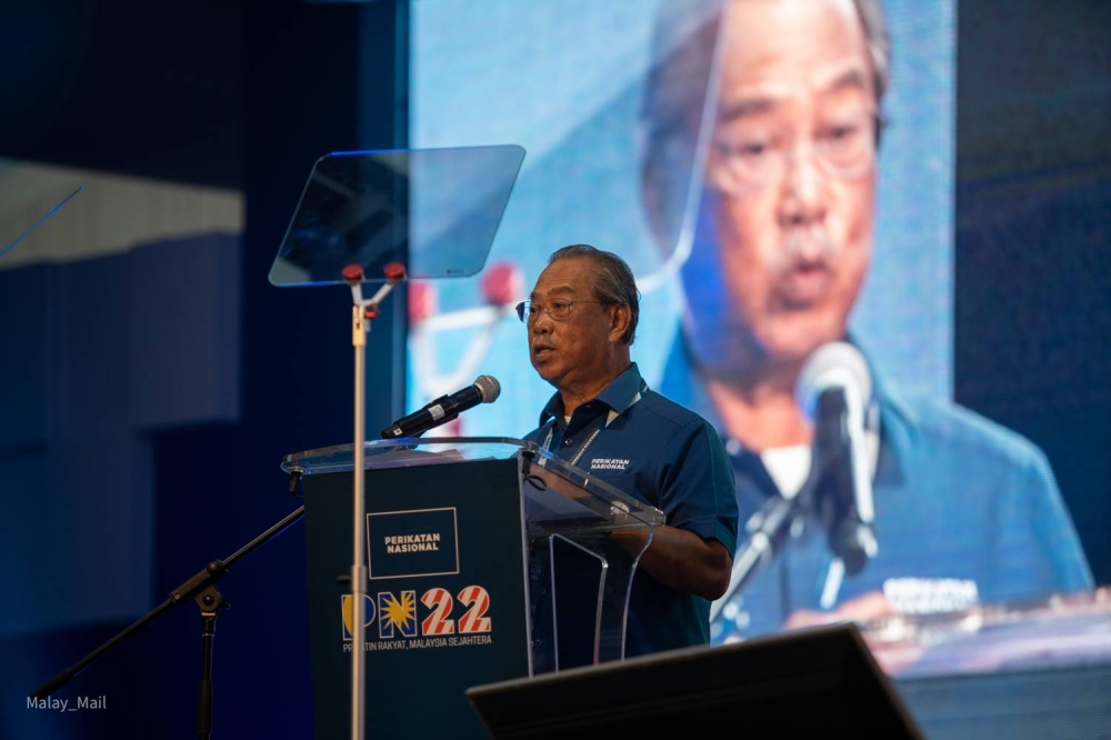 Tan Sri Muhyiddin Yassin, the head of Perikatan Nasional, speaks during the Perikatan National Convention at Malaysia Agro Exposition Park, Serdang August 27, 2022. — Picture by Devan Manuel