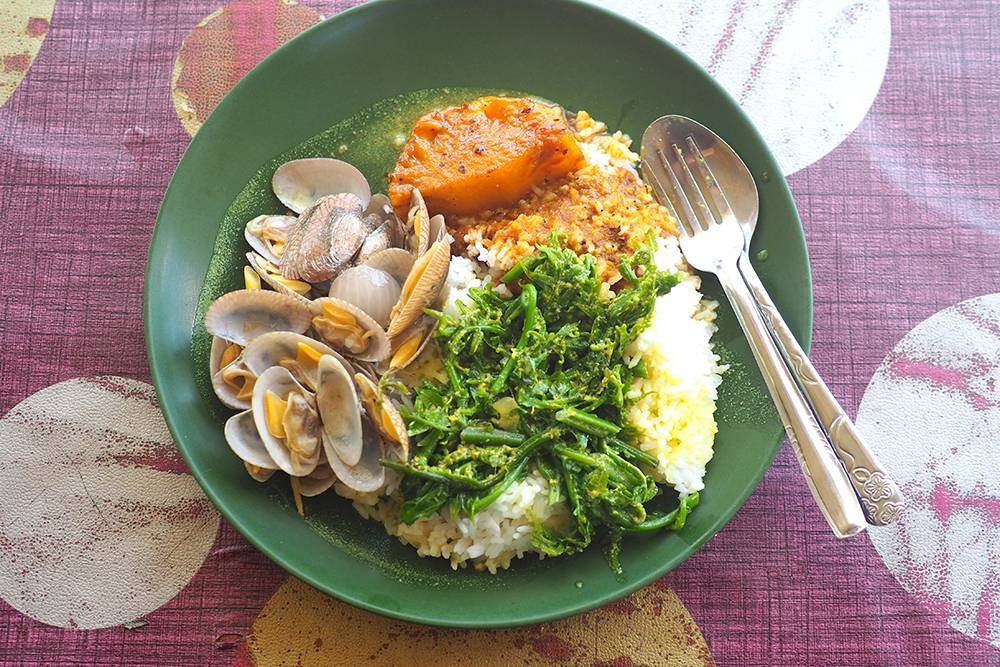 As I waited and since I was hungry, I took a selection of dishes with my rice for RM9 with 'pajeri nenas', 'paku pakis masak lemak' and clams.