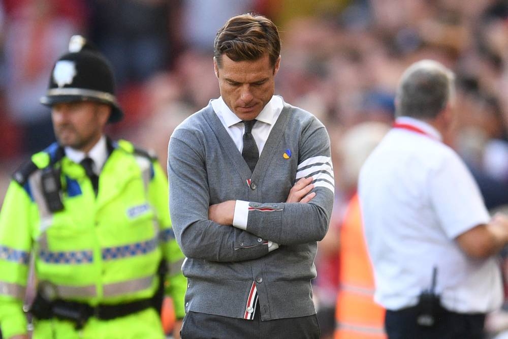 Bournemouth head coach Scott Parker reacts after they concede their ninth goal during the English Premier League match between Liverpool and Bournemouth at Anfield in Liverpool, August 27, 2022. — AFP pic 