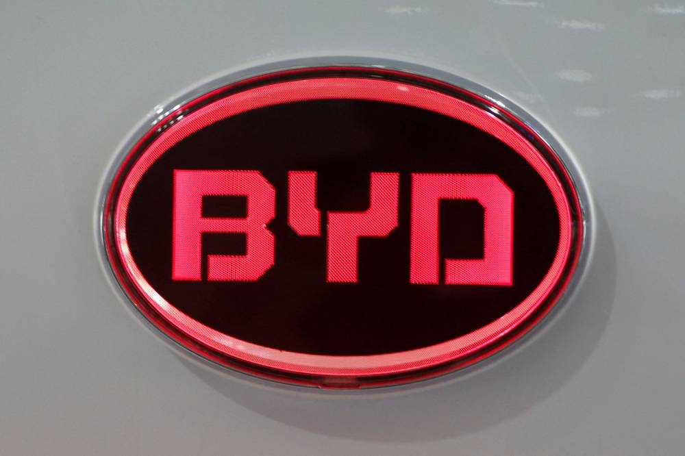 The BYD logo is pictures on its Qin EV300 model during the Auto China 2016 auto show in Beijing, China April 26, 2016. — Reuters pic