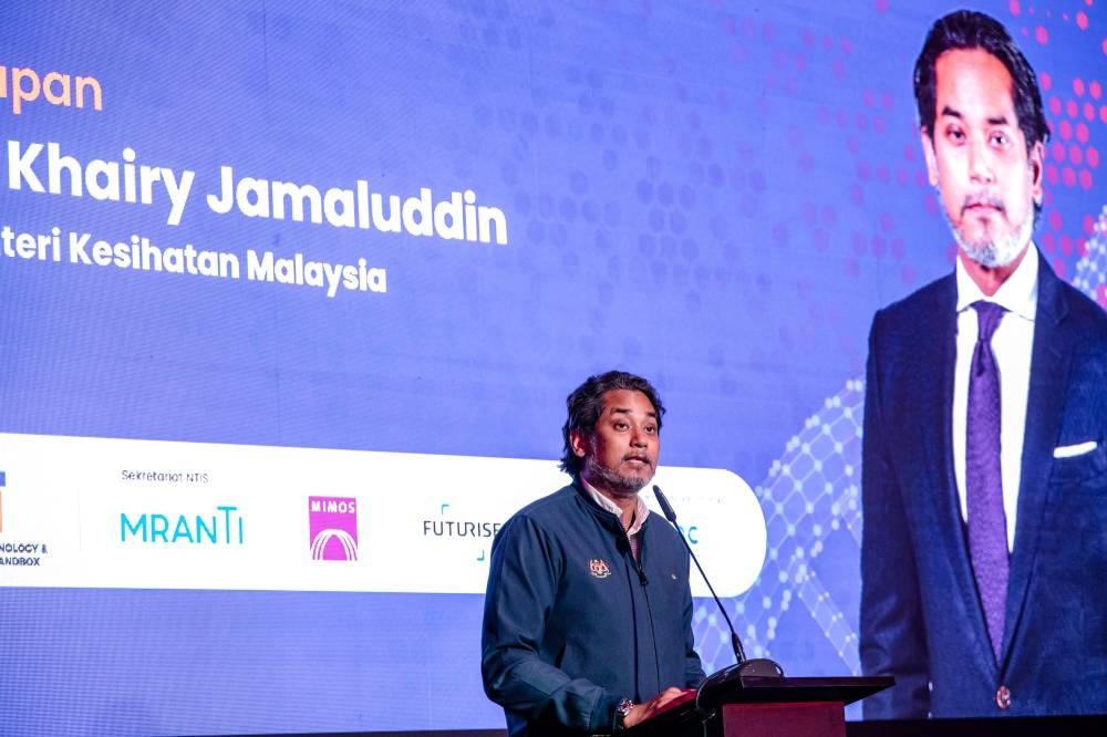 Health Minister Khairy Jamaluddin speaks at the launch of the National Technology and Innovation Sandbox (NTIS) Technology Health Hub at MRANTI Park in Bukit Jalil, Kuala Lumpur on September 2, 2022. — Picture by Firdaus Latif
