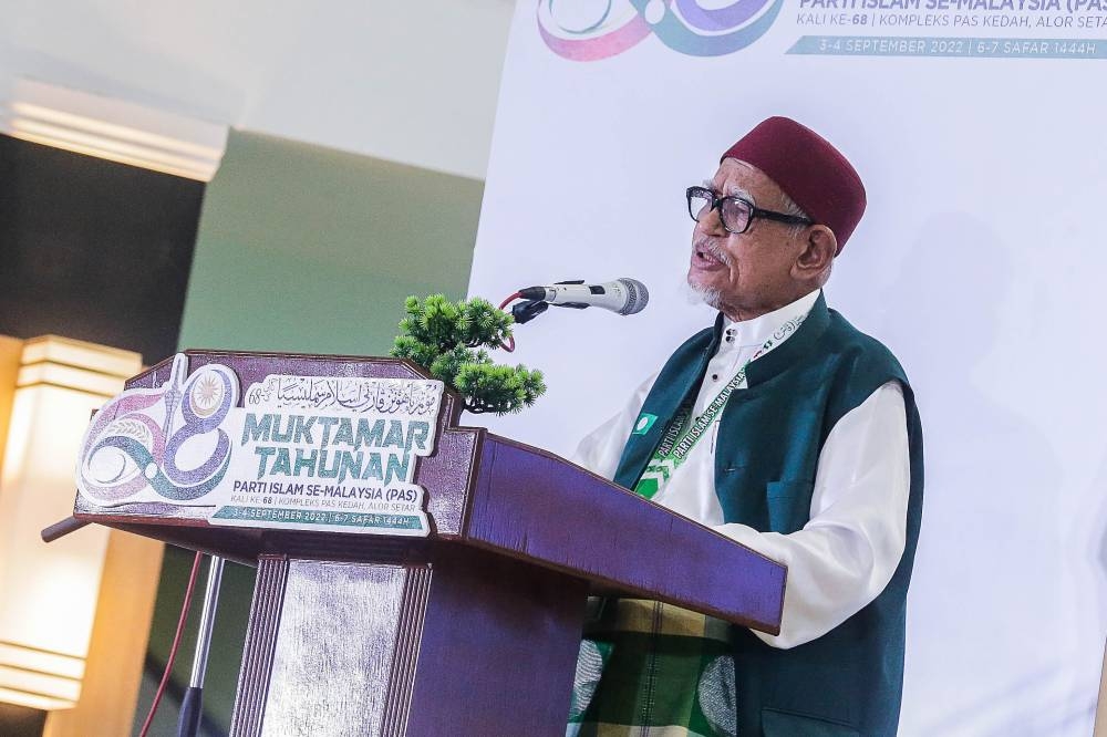 PAS President Tan Sri Abdul Hadi Awang speaks during the 68th Annual PAS Congress (Muktamar PAS) at Kedah PAS Complex in Alor Setar September 3, 2022. ― Picture by Sayuti Zainudin